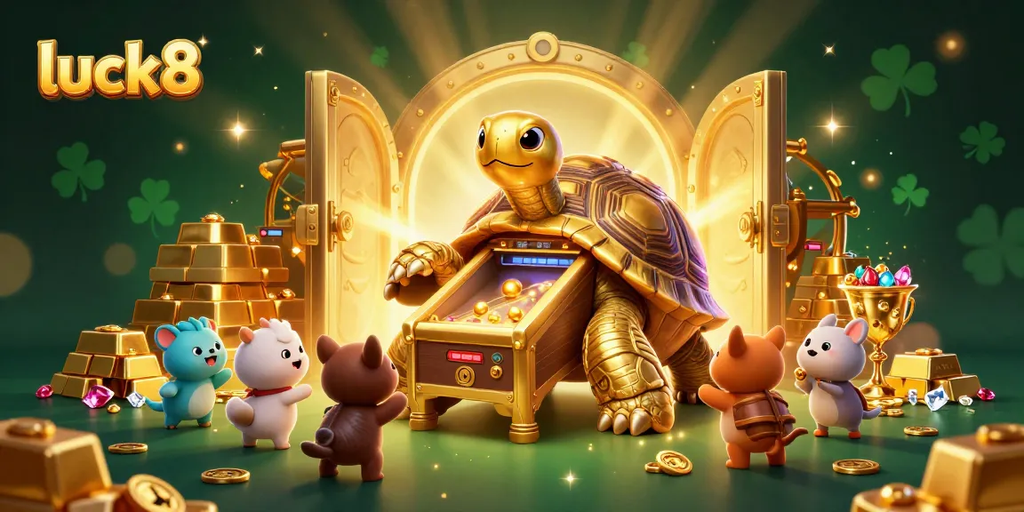 Experience luck8 with the colossal golden tortoise pinball machine and treasure elements in a vibrant casino scene.