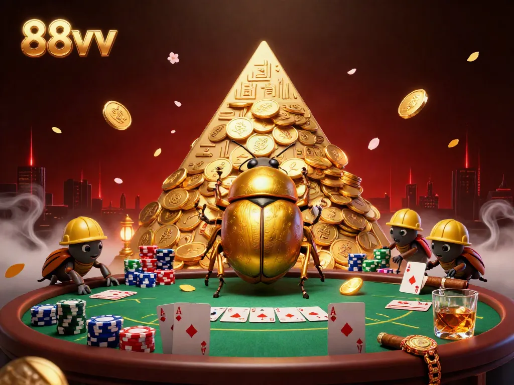 Experience thrilling casino action with 88vv; a golden dung beetle and coins create excitement.