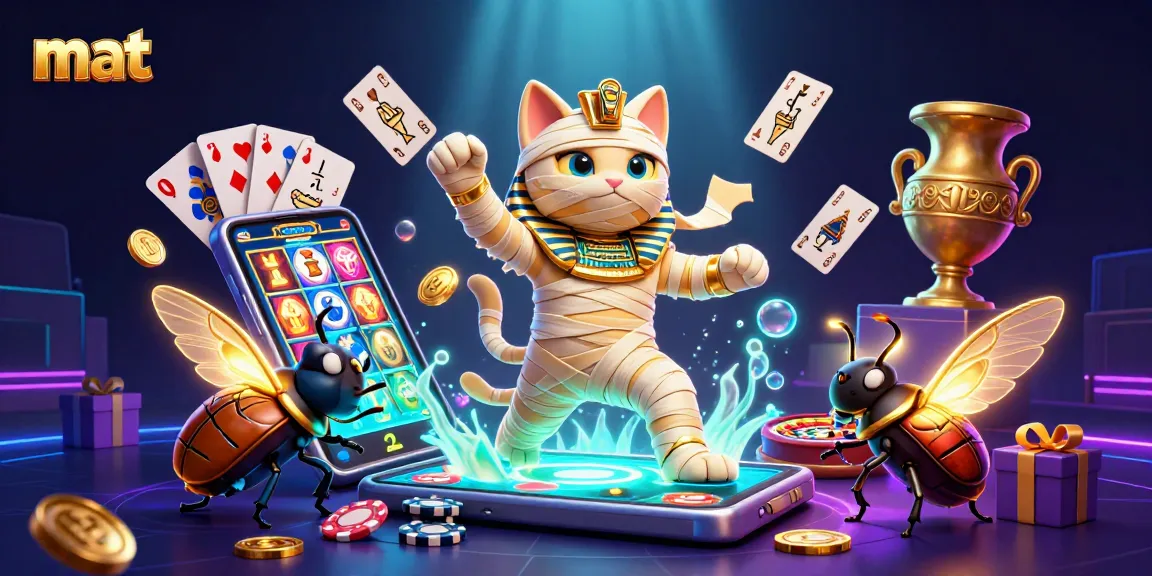 Experience thrilling gameplay at mat with an Egyptian mummy cat, glowing scarab, and exciting casino elements.
