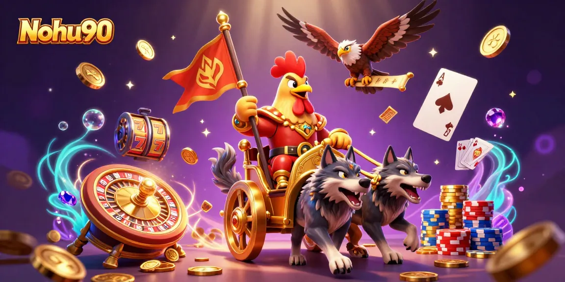 Nohu90 gameplay featuring vibrant slot reels, golden coins, and dynamic casino elements.