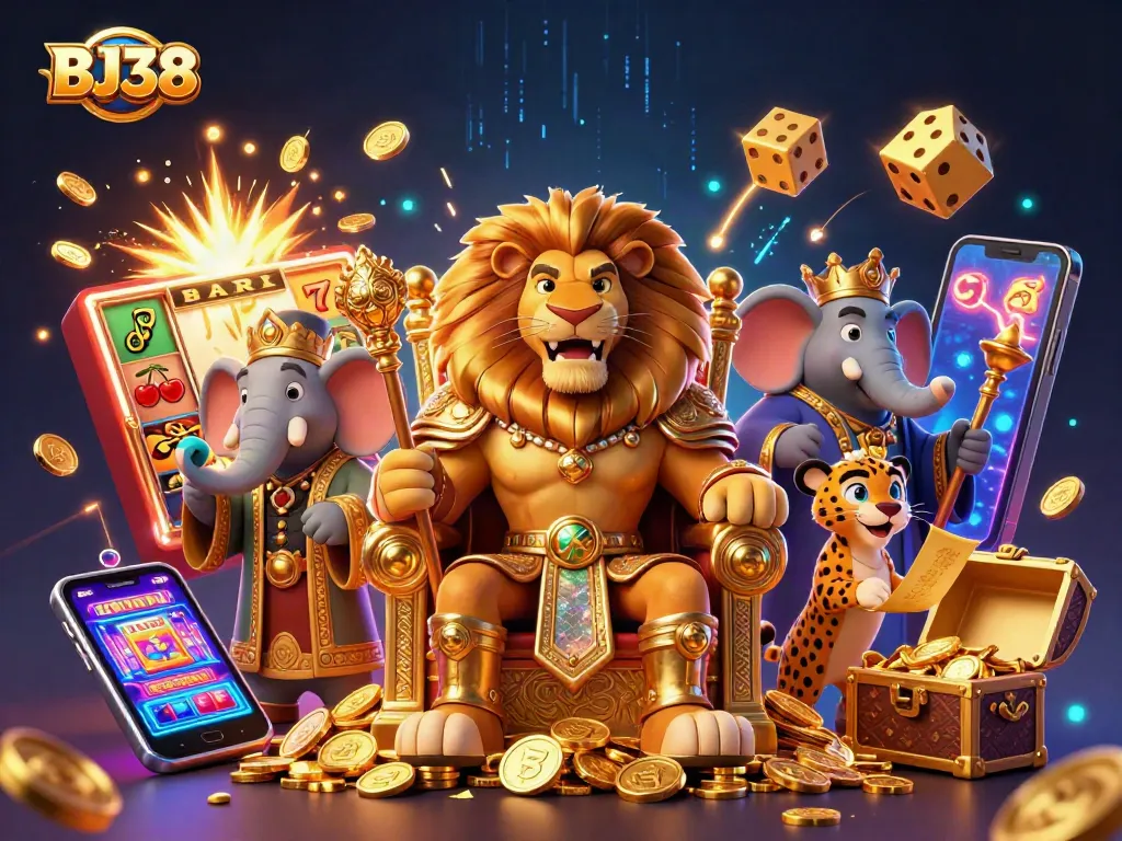 Engage in thrilling gameplay with BJ38's vivid casino scene, showcasing dynamic slot action and joyous winnings.