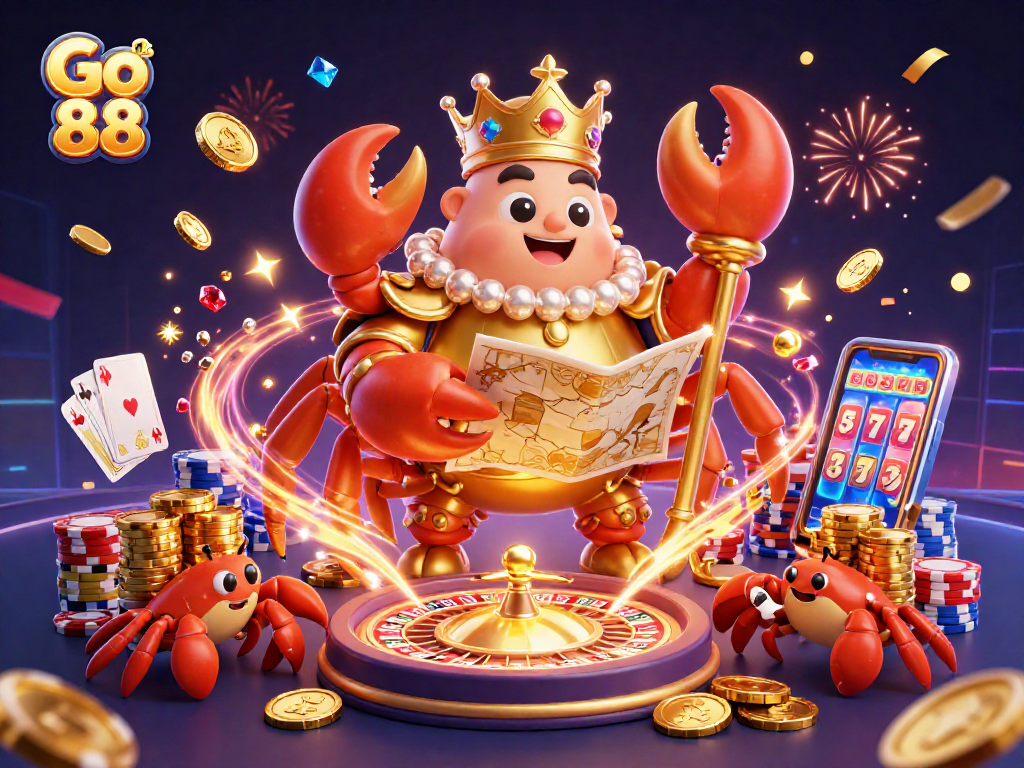 Win big at Go 88 with vibrant casino-themed visuals featuring a golden crab emperor.