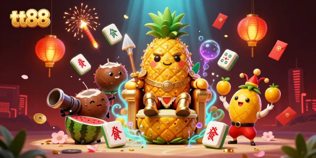 Experience the vibrant casino atmosphere of tt88 with a golden pineapple king and dynamic characters.