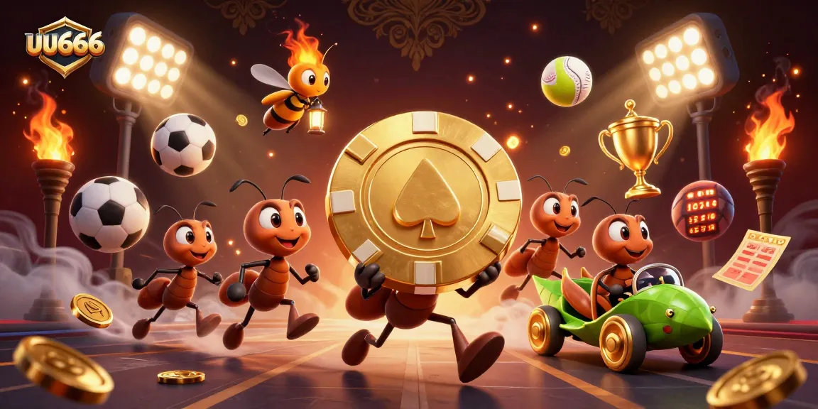 uu666 ants executing a heist with a massive golden poker chip, baseball sports elements around