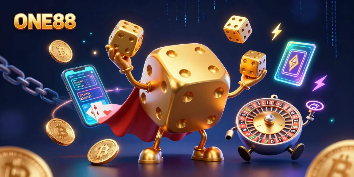 Experience exciting gaming at ONE88 with dynamic golden dice characters and vibrant casino elements.