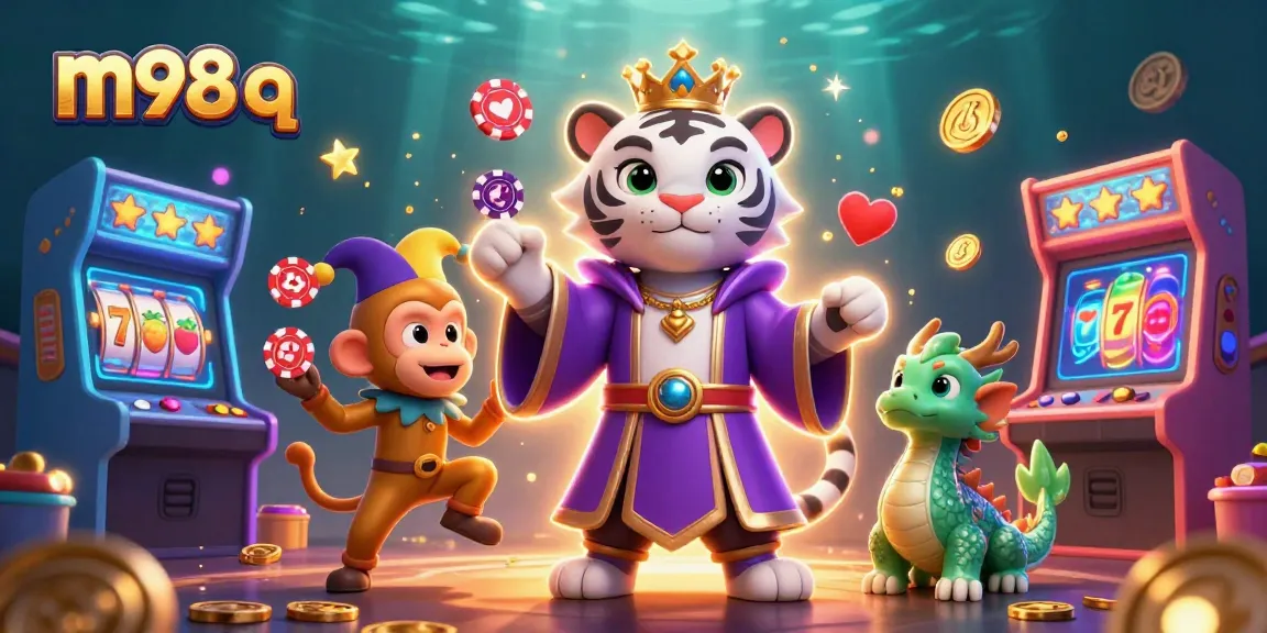 Spin jackpots with m98 q in a vibrant casino-themed illustration featuring dynamic characters.