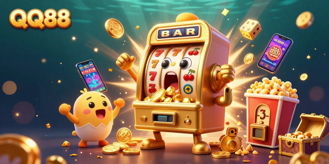 Jackpot celebration at QQ88 with a golden slot machine, cheering baby slots, and a popcorn machine in a vibrant scene.
