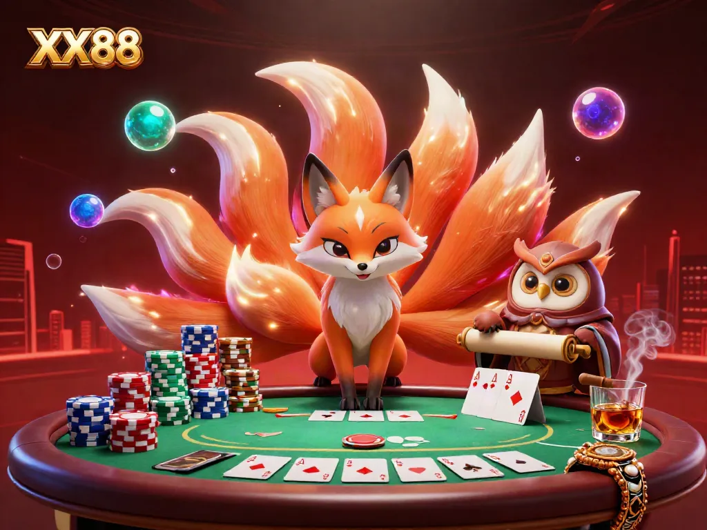 Engage with the vibrant scene at XX88 showcasing colorful poker chips and a mystical nine-tailed fox.
