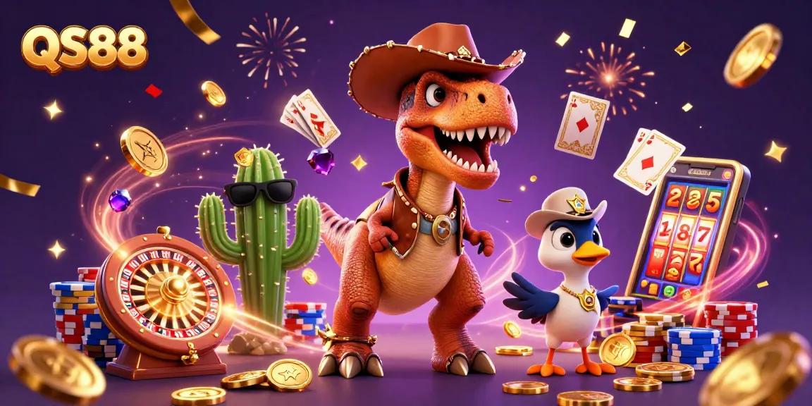 Engage in thrilling gameplay at QS88 with a vibrant, casino-themed 3D illustration featuring characters and dynamic gaming elements.