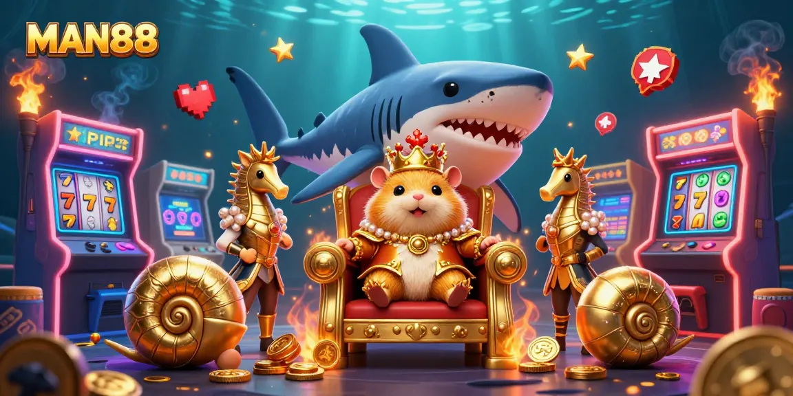 Experience the thrill of MAN88's gaming adventure with a vibrant 3D casino illustration featuring unique characters and elements.