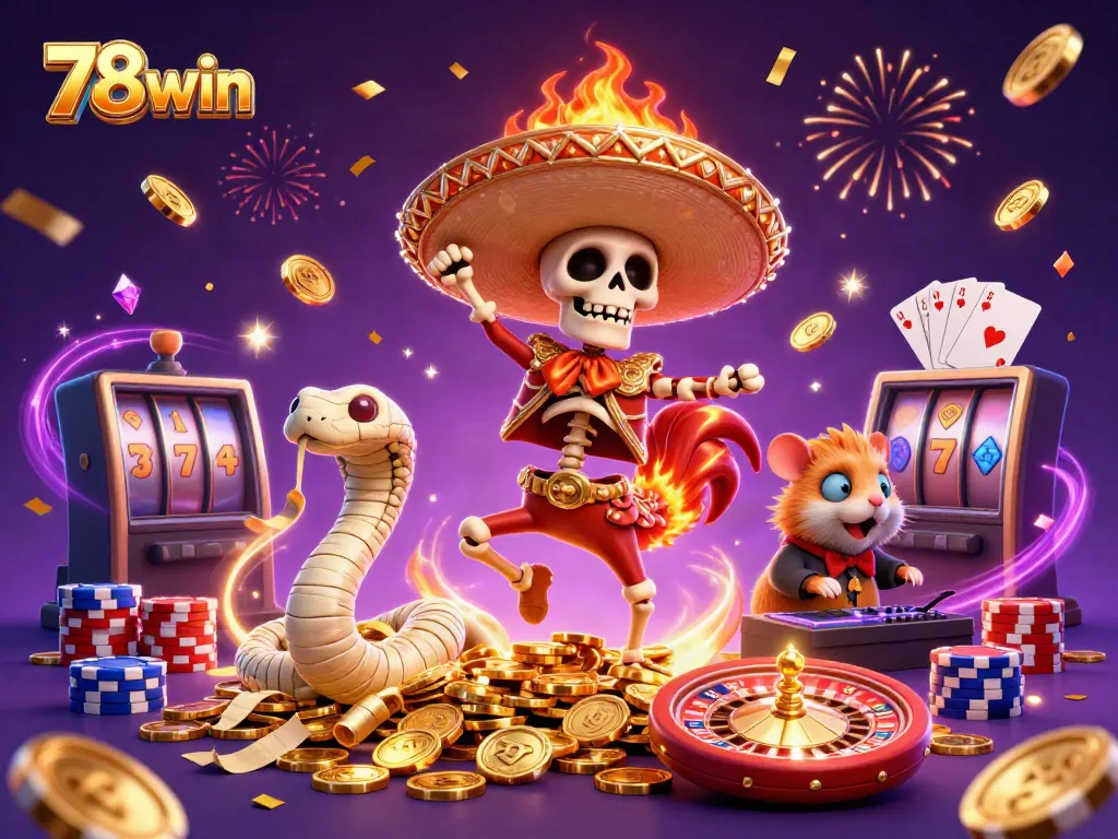 Join the excitement at 78win as cartoon characters celebrate winning moments in a vibrant casino setting.