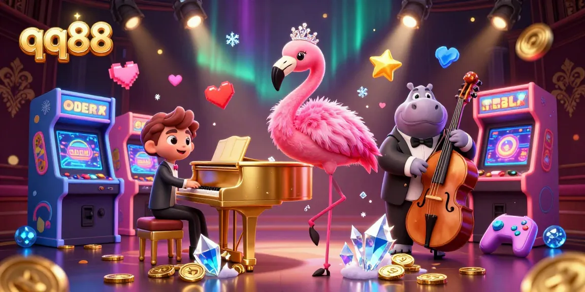 Experience qq88's vibrant casino atmosphere with lively characters and colorful game elements.