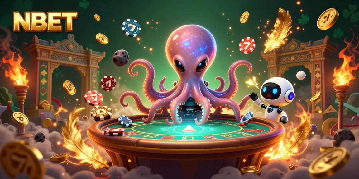 Play with NBET at a vibrant alien-themed poker game surrounded by animated cosmic elements.