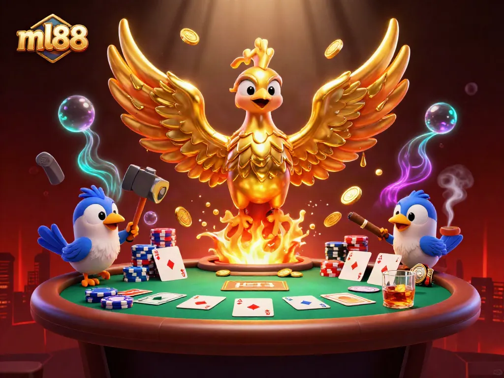 Engage in thrilling gameplay at ml88 with golden phoenix and poker dynamics set in a vibrant casino scene.