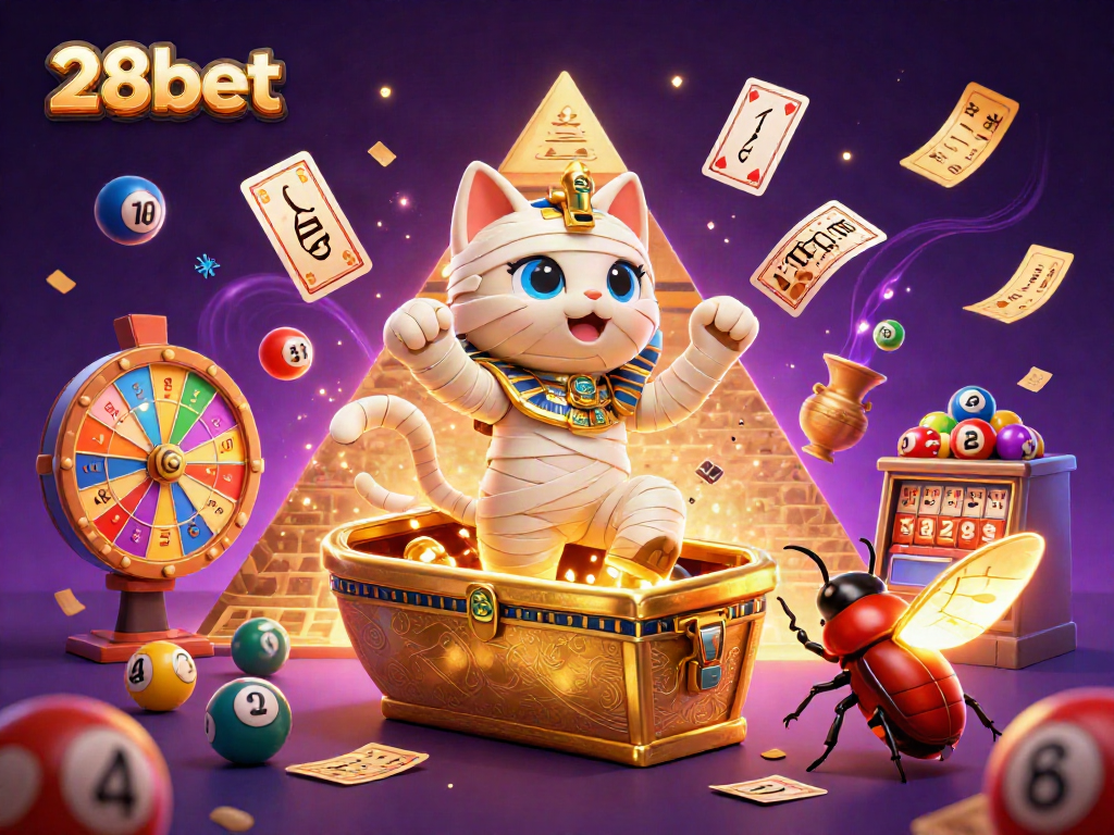Experience the excitement of 28bet with a vibrant 3D illustration of casino elements and characters.