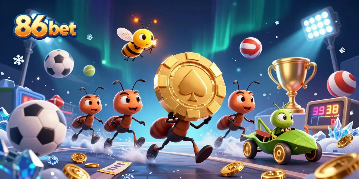 86 bet highlights dynamic sports betting action with ants carrying a golden poker chip.