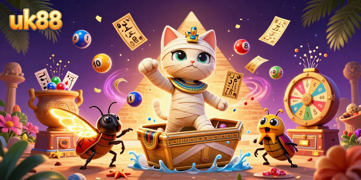 uk88 engages players with an Egyptian mummy cat and vibrant lottery elements in a casino setting