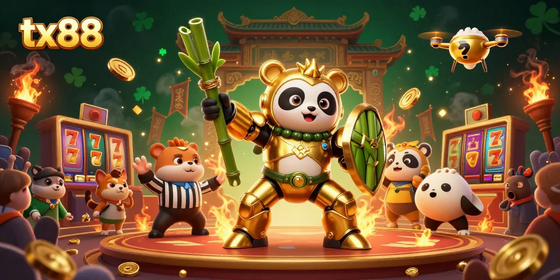 Engage with tx88 in a thrilling casino arena featuring a golden panda pilot, surrounded by slot symbols.