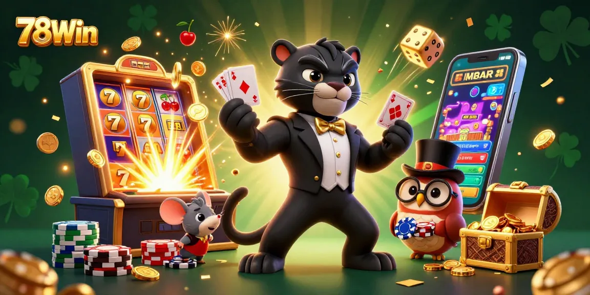 Experience thrilling gaming at 78Win with a lucky panther, owl, and mouse amidst a vibrant casino scene.