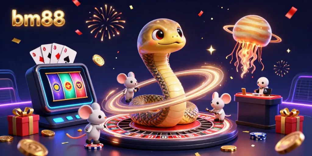 Experience thrilling gaming at bm88 with a vibrant cosmic casino scene featuring snakes, astronauts, and colorful games.