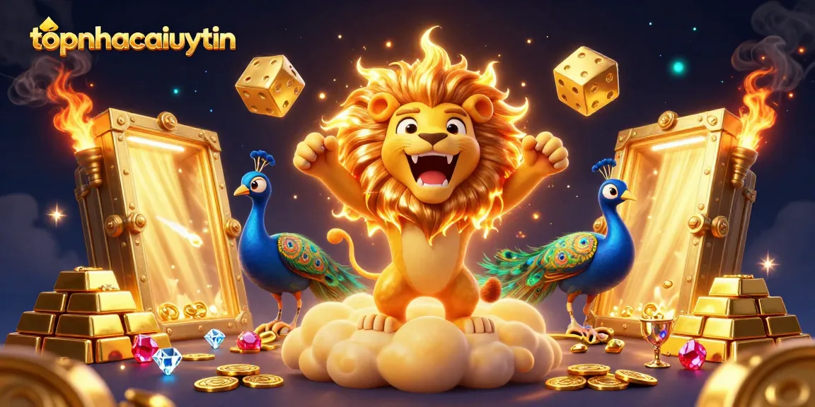 Experience winnings at topnhacaiuytin with vibrant 3D casino illustration highlighting golden treasures and playful characters.
