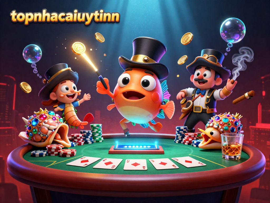 Engage in thrilling gameplay at topnhacaiuytinn with an exciting scene of playful sea characters at a poker table.