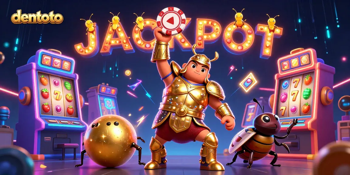 Experience dentoto's thrilling slots with a vibrant illustration showcasing a victorious beetle and fun gaming elements.