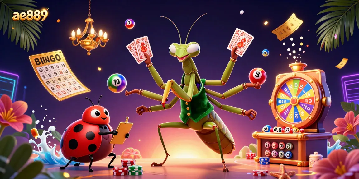 Experience exciting games at ae889 with a vibrant scene of a mantis card sharp and ladybug pit boss.