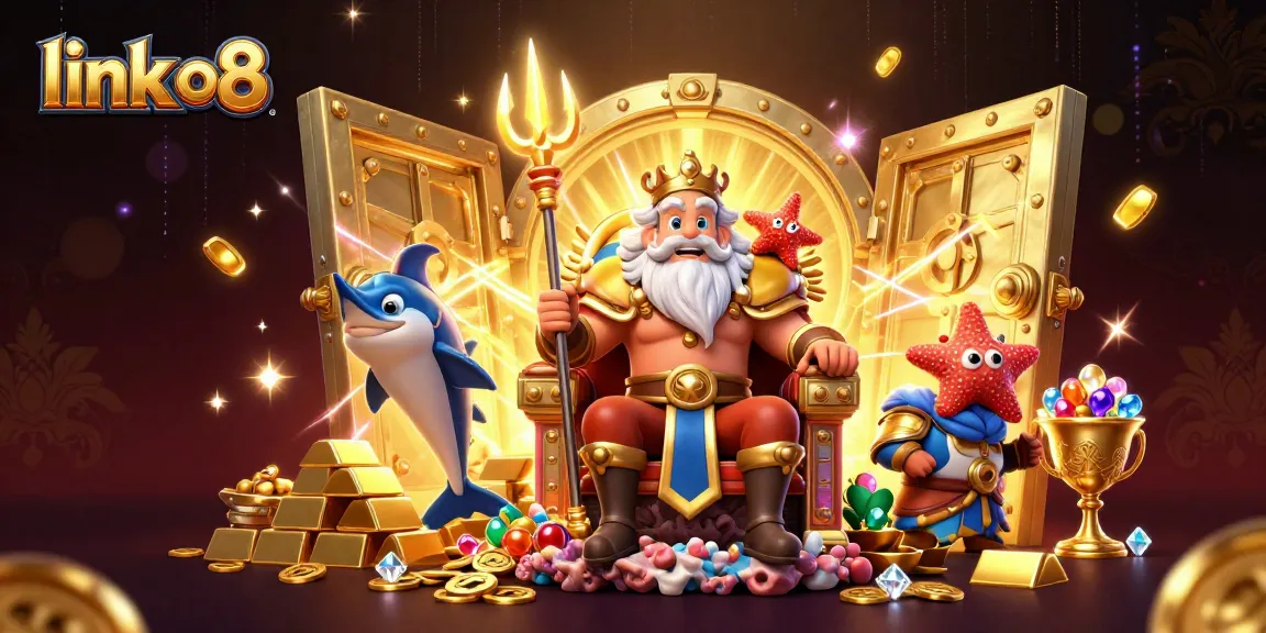 Engage with link o8 at this vibrant casino art featuring Neptune amidst treasures and gaming elements.