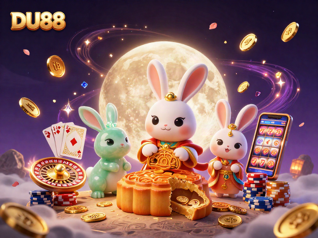 Experience DU88 with a vibrant 3D illustration of a moon rabbit and casino games elements.