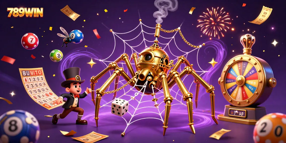 Engage with thrilling gaming at 789WIN, featuring vibrant lottery elements and a steampunk spider capturing luck.