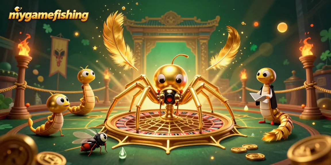 Engage in mygamefishing with a dynamic scene of a spider, fly, and centipede in a vibrant casino.