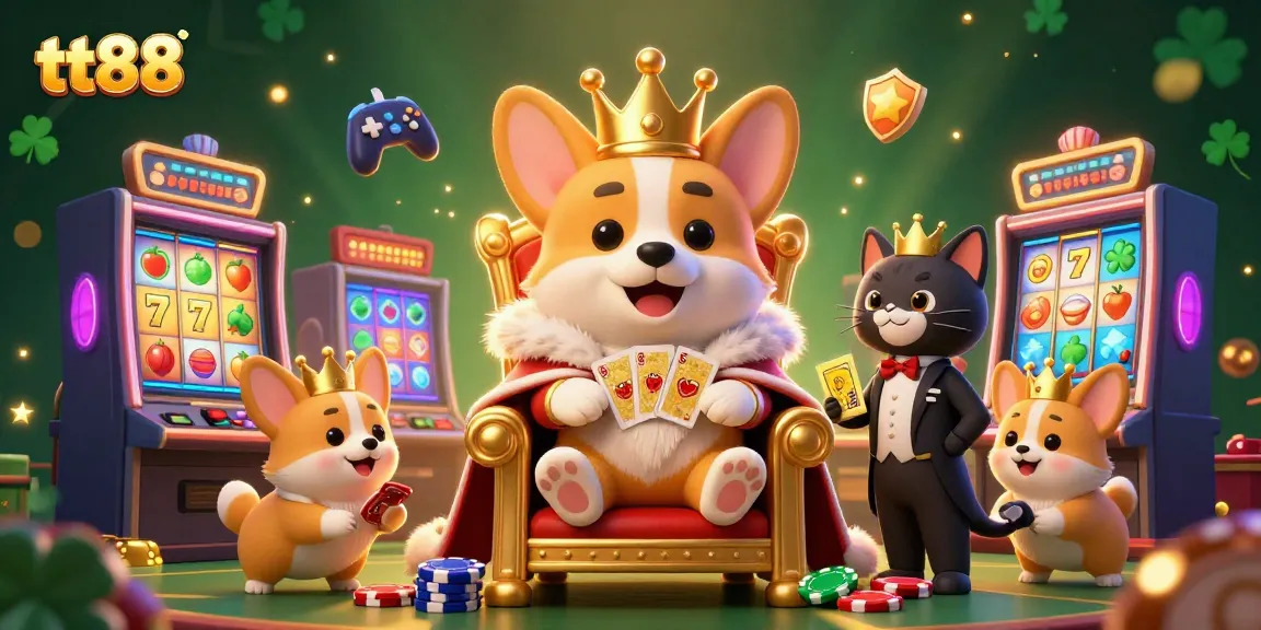 Experience thrilling slots with tt88 in a vibrant scene featuring a royal corgi and luxurious game elements.