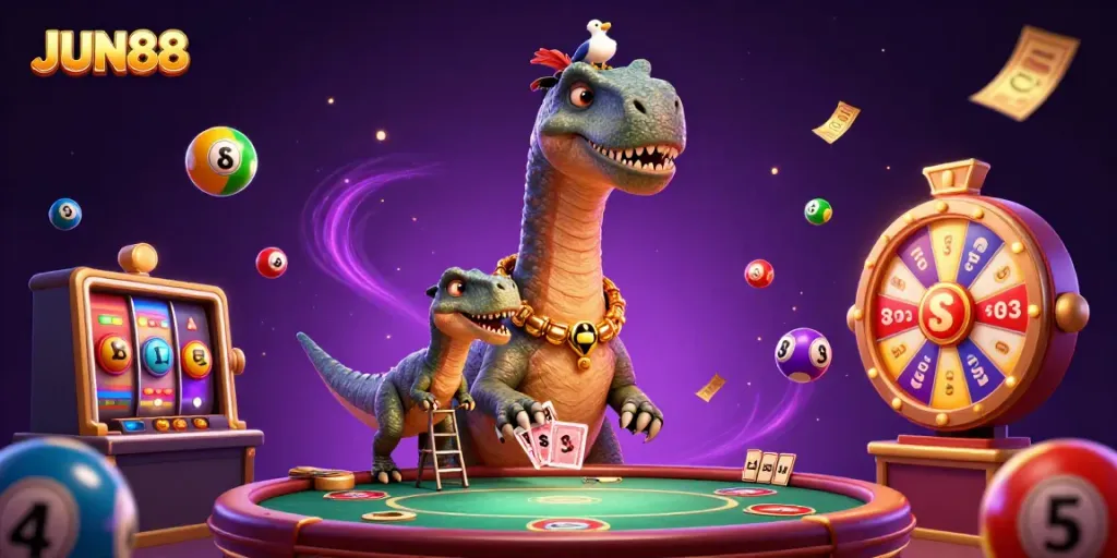 Experience JUN88 with an imaginative scene featuring a dinosaur at a casino.