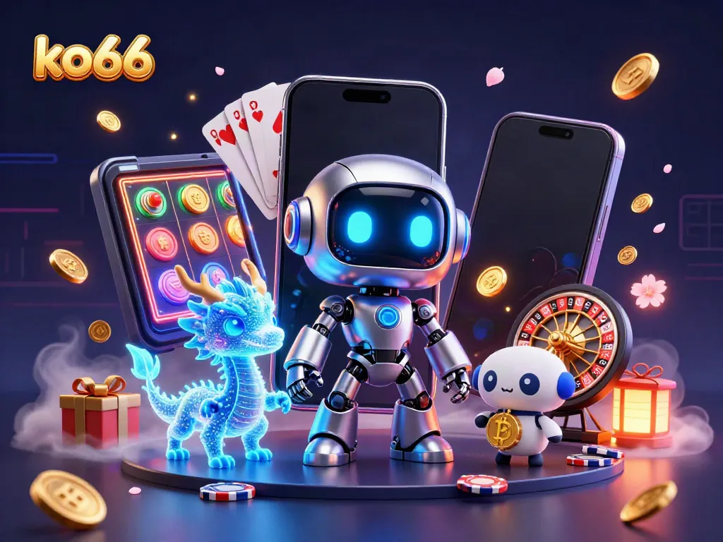 Experience energetic gaming with ko66 in this vibrant digital 3D illustration of casino elements.