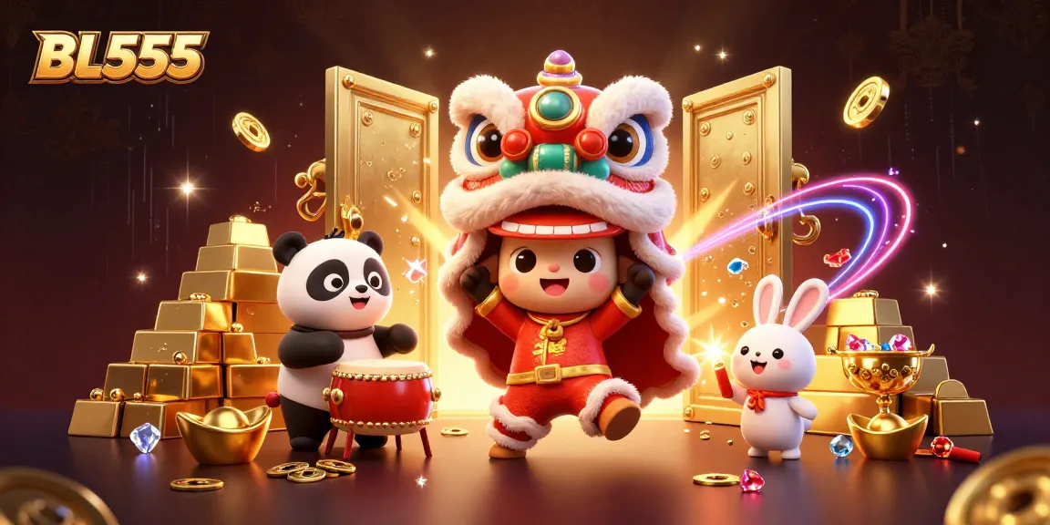 BL555 players explosively interact with a 3D lion dance, surrounded by dazzling casino treasures.