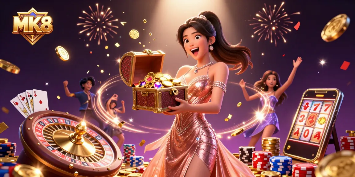 Win big at MK8 with exciting games and treasures overflowing in this vibrant casino illustration.