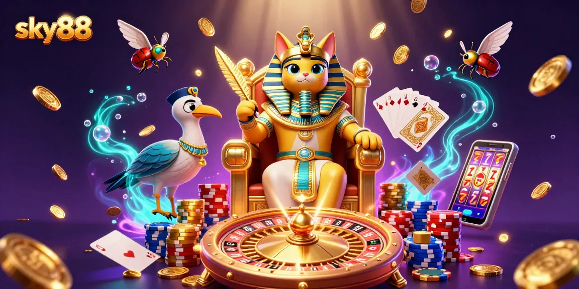 Engage in thrilling casino action at sky88 with cartoon pharaoh cat and sparkling treasures!