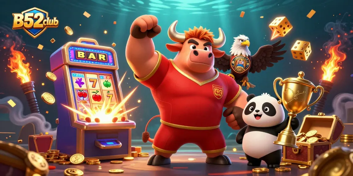 Experience victory with B52club as the bull mascot and friends celebrate a jackpot in casino style.