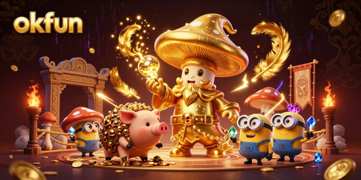 okfun-themed casino scene featuring magical golden mushroom wizard and treasure-hunting pig
