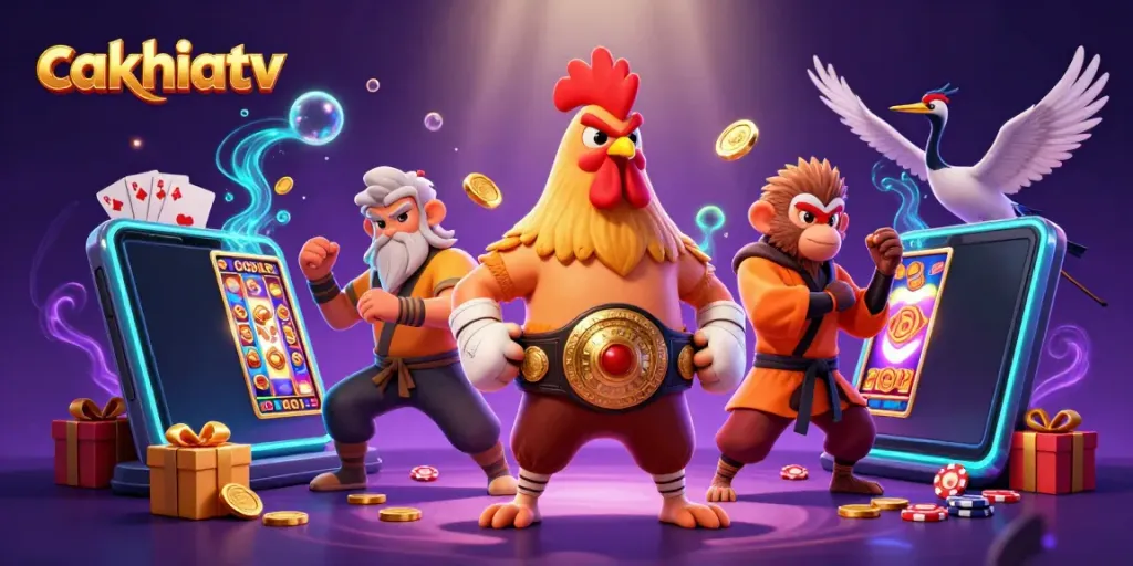 Experience thrilling gameplay with cakhiatv's dynamic slots and unique characters in a vibrant illustration.