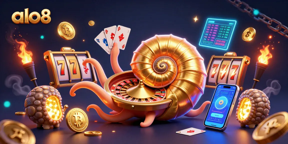Experience excitement with alo8, featuring a giant nautilus roulette wheel and vibrant slot elements.