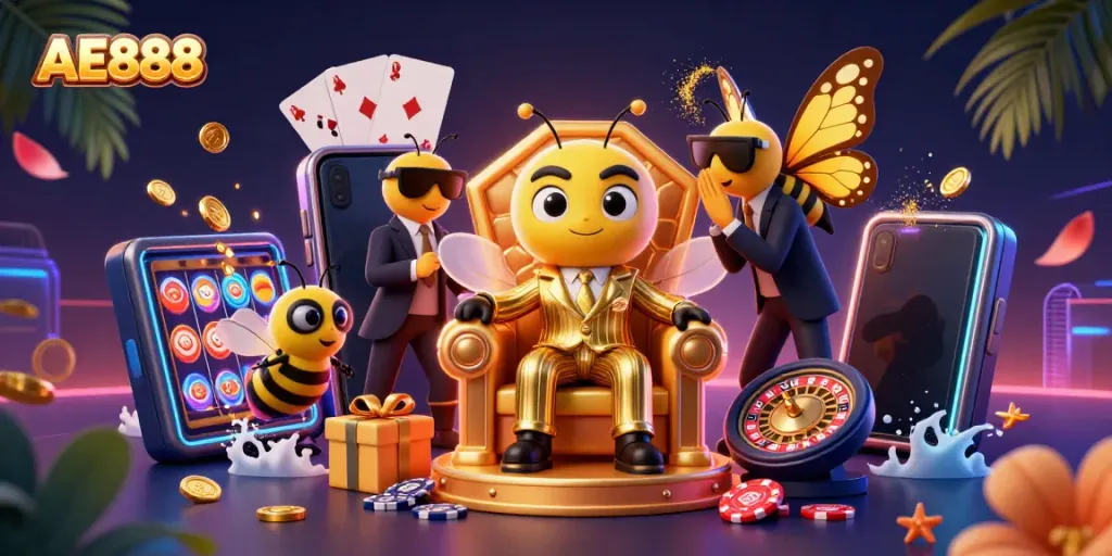 Join the excitement at AE888 casino with vibrant games and characters in a thrilling digital realm.