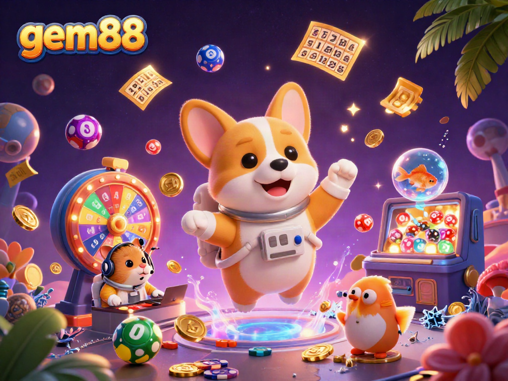 Experience the thrill of gem88 in a vibrant space casino with playful characters and dynamic gaming elements.