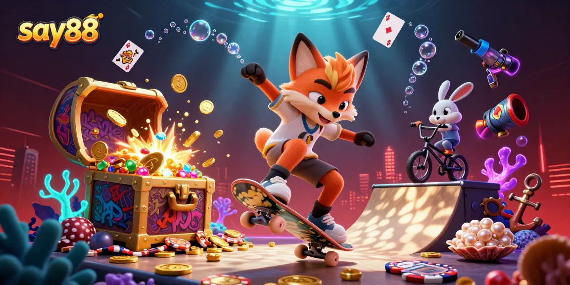 Say88 showcases vibrant 3D casino action with characters performing tricks over poker chips amidst treasure.