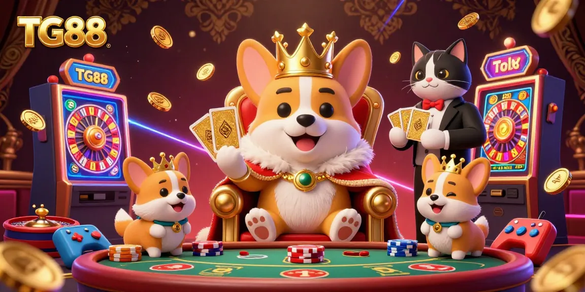Experience thrilling gambling action with TG88, featuring a royal corgi, vibrant slot machines, and glowing gameplay elements.