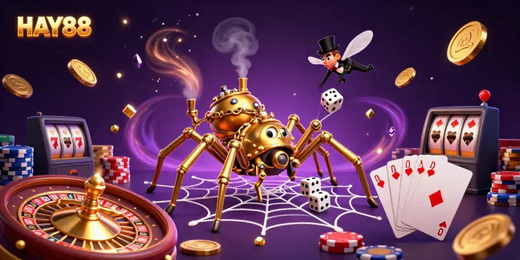 Experience HAY88's dynamic casino world with vibrant steampunk and golden spider elements.