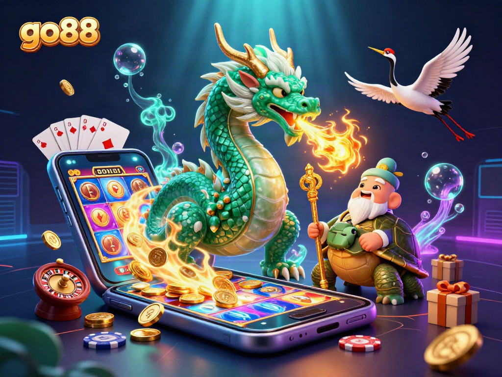 Spin and win big with go88 in this vibrant casino illustration featuring slot games and lucky symbols.