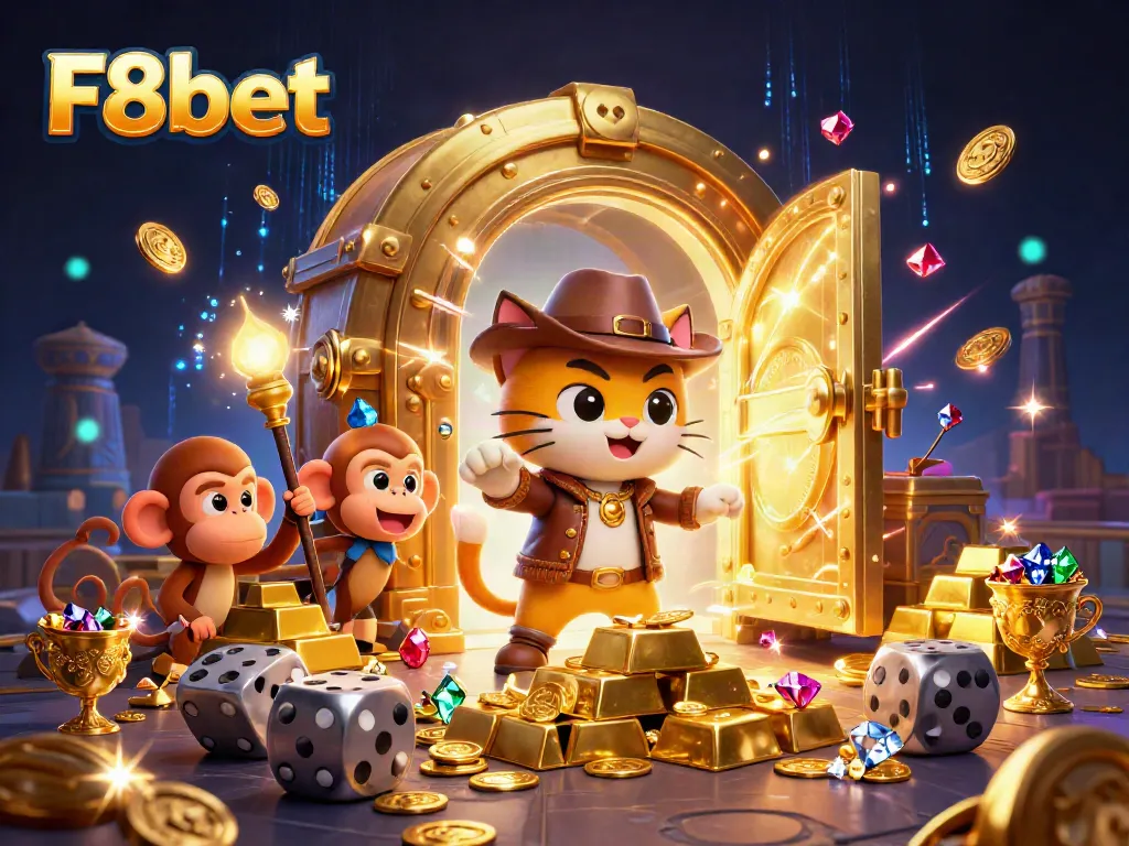 Engage with F8bet as an adventurous cat discovers treasures in a vibrant casino temple.