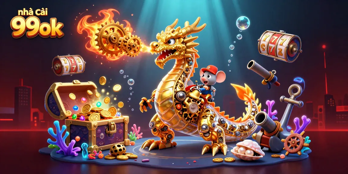 Experience the thrilling games at nhà cái 99ok with a biomechanical dragon amid sparkling treasures.